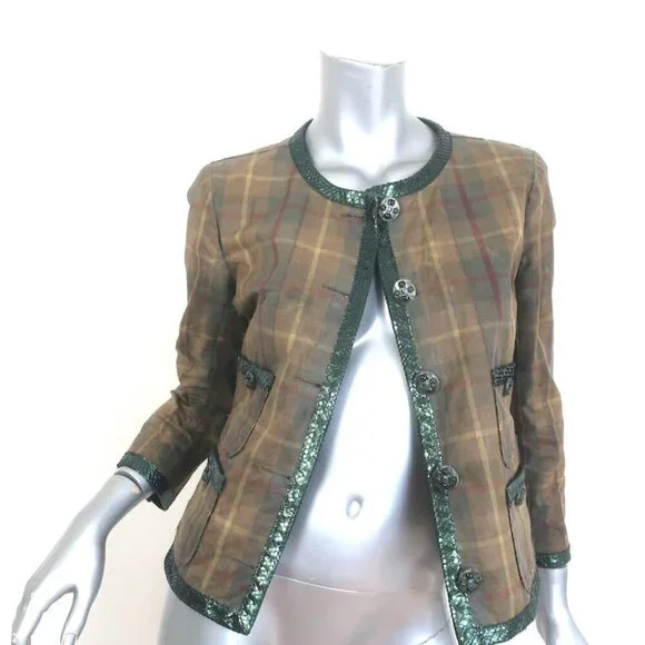 Chanel 2013 Paris-Edinburgh Snakeskin-Trimmed Plaid Jacket Brown Size 40 - Picture 3 of 10